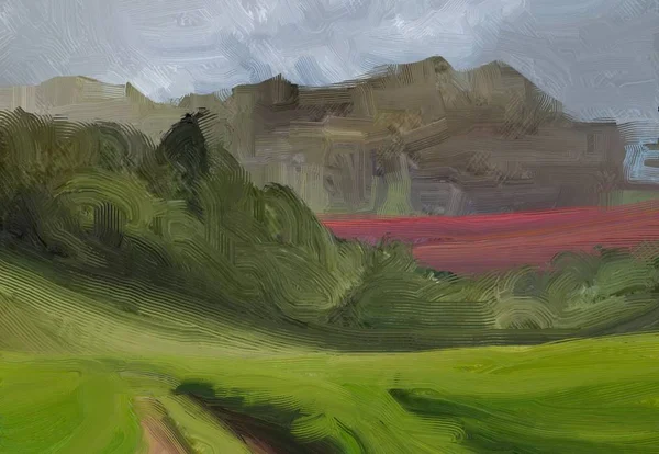 Ilustração Pintura Óleo Arte Paisagem Região Montanhosa Rural Campo Rural — Fotografia de Stock