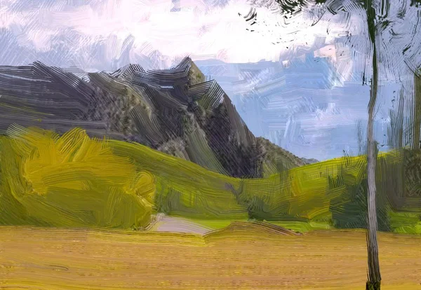 Illustration Peinture Huile Paysage Art Région Montagneuse Rurale Champ Vert — Photo