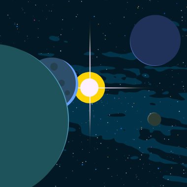 2d illüstrasyon. Karikatür uzay arka plan resmi. Derin geniş alan. Yıldızlar, gezegenler ve uydular. Çeşitli bilim kurgu yaratıcı fon. Uzay sanatı. Yabancı gezegenler.
