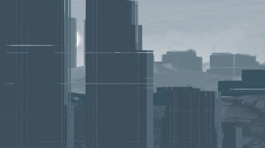 2d illüstrasyon. Gökdelen şehir metropol. Dijital sanat. El yapımı dijital boyama.