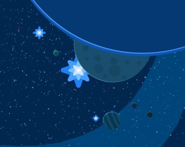 2d illüstrasyon. Karikatür uzay arka plan resmi. Derin geniş alan. Yıldızlar, gezegenler ve uydular. Çeşitli bilim kurgu yaratıcı fon. Uzay sanatı. Yabancı gezegenler.