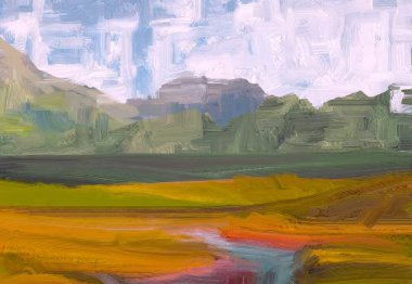 2d illüstrasyon. Yağlıboya manzara sanatı. Kırsal dağlık bölge. Renkli yeşil alan ve çimen. Yaz zamanı. Kırsal.