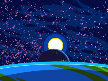 2d illüstrasyon. Karikatür uzay arka plan resmi. Derin geniş alan. Yıldızlar, gezegenler ve uydular. Çeşitli bilim kurgu yaratıcı fon. Uzay sanatı. Yabancı gezegenler.