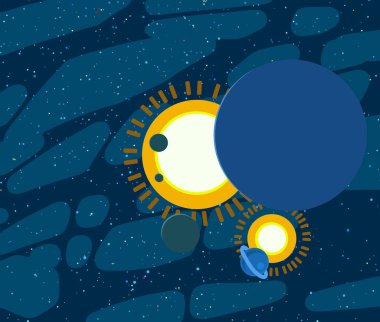 2d illüstrasyon. Karikatür uzay arka plan resmi. Derin geniş alan. Yıldızlar, gezegenler ve uydular. Çeşitli bilim kurgu yaratıcı fon. Uzay sanatı. Yabancı gezegenler.