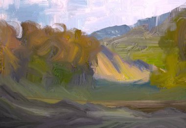 2d illüstrasyon. Yağlıboya manzara sanatı. Kırsal dağlık bölge. Renkli yeşil alan ve çimen. Yaz zamanı. Kırsal.