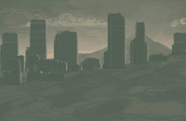 2d illüstrasyon. Gökdelen şehir metropol. Dijital sanat. El yapımı dijital boyama. 