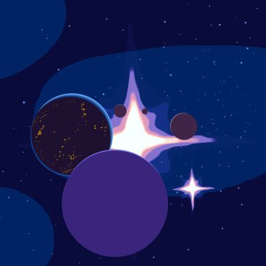 2d illüstrasyon. Karikatür stil boşluk resmi çizin. Derin geniş alan. Yıldızlar, gezegenler ve uydular. Çeşitli bilim kurgu yaratıcı fon. Uzay sanatı. Uzaylı güneş sistemleri. Gezegenler ve Uydular.