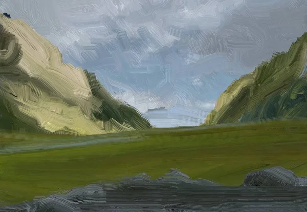 Εικονογράφηση Τέχνη Τοπίου Ελαιογραφία Αγροτική Ορεινή Περιοχή Πολύχρωμο Καταπράσινο Τοπίο — Φωτογραφία Αρχείου