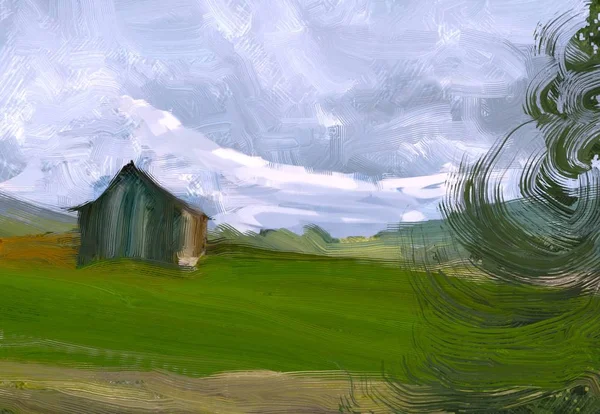 Ilustração Pintura Óleo Arte Paisagem Região Montanhosa Rural Campo Verde — Fotografia de Stock