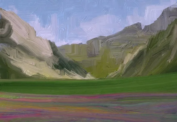 Illustrazione Pittura Olio Arte Paesaggistica Regione Rurale Montagna Campo Verde — Foto Stock