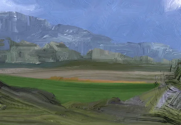 Illustrazione Pittura Olio Arte Paesaggistica Regione Rurale Montagna Campo Verde — Foto Stock