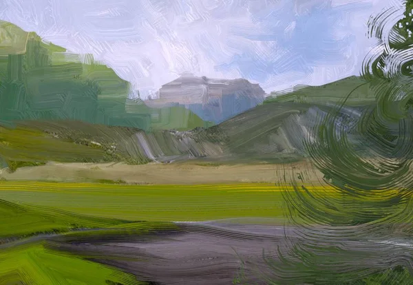 2d illustration. Oil painting landscape art. Rural mountain region. Colorful green field and grass. Summer time. Countryside.