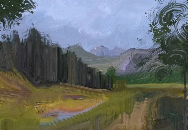 Illustrazione Pittura Olio Arte Paesaggistica Regione Rurale Montagna Campo Verde — Foto Stock