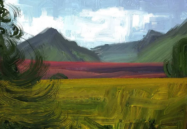 Colorful Green Countryside Field Grass Summer Time Illustration Oil Painting — Stock Photo, Image