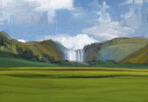 2Dイラスト 油絵風景画 田舎の山岳地帯 カラフルな緑の田園地帯と草 夏の時間 — ストック写真