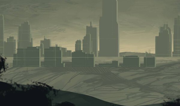 2d illustration. Skyscraper futuristic city metropolis. Digital art. Handmade digital painting.