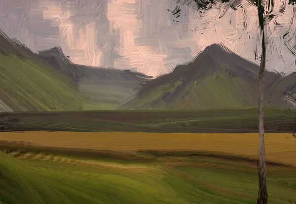 Ilustração Pintura Óleo Arte Paisagem Região Montanhosa Rural Campo Verde — Fotografia de Stock