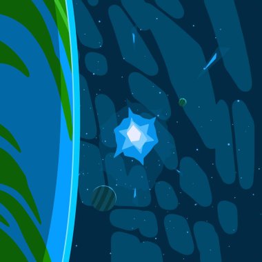 2d illüstrasyon. Karikatür uzay arka plan resmi. Derin geniş alan. Yıldızlar, gezegenler ve uydular. Çeşitli bilim kurgu yaratıcı fon. Uzay sanatı. Yabancı gezegenler.