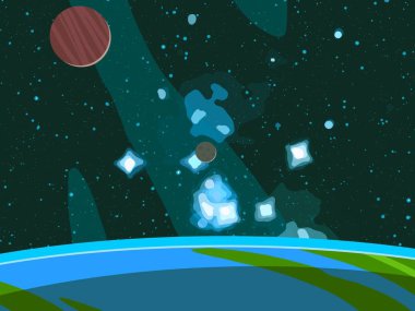 2D çizim. Çizgi film arkaplan resmi. Derin geniş uzay. Yıldızlar, gezegenler ve uydular. Çeşitli bilim kurgu yaratıcı arka planlar. Uzay sanatı. Yabancı güneş sistemleri. Gezegenler ve uydular..