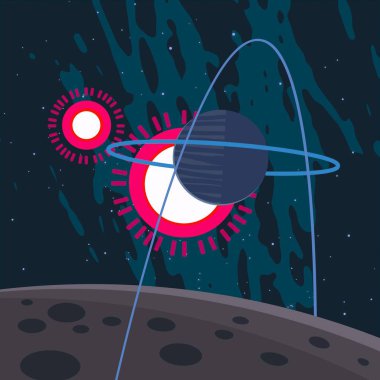 2D çizim. Çizgi film arkaplan resmi. Derin geniş uzay. Yıldızlar, gezegenler ve uydular. Çeşitli bilim kurgu yaratıcı arka planlar. Uzay sanatı. Yabancı güneş sistemleri. Gezegenler ve uydular..