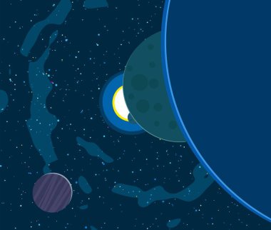 2D çizim. Çizgi film görüntüsü. Derin yıldızlar arası uzay. Yıldızlar, gezegenler ve uydular. Çeşitli bilim kurgu yaratıcı arka planlar. Uzay sanatı. Hayali kozmik fon. Gezegenler ve Aylar..