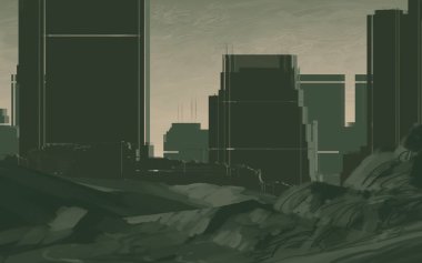 2d illüstrasyon. Gökdelen şehir metropol. Dijital sanat. El yapımı dijital boyama. 