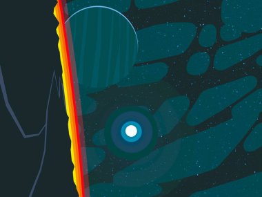 2D çizim. Çizgi film görüntüsü. Derin yıldızlar arası uzay. Yıldızlar, gezegenler ve uydular. Çeşitli bilim kurgu yaratıcı arka planlar. Uzay sanatı. Hayali kozmik fon. Gezegenler ve Aylar..