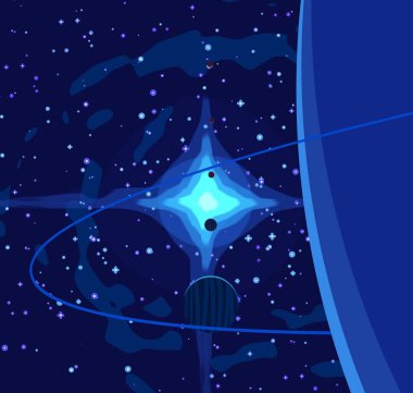 2D çizim. Çizgi film görüntüsü. Derin yıldızlar arası uzay. Yıldızlar, gezegenler ve uydular. Çeşitli bilim kurgu yaratıcı arka planlar. Uzay sanatı. Hayali kozmik fon. Gezegenler ve Aylar..