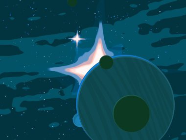 2D çizim. Çizgi film görüntüsü. Derin yıldızlar arası uzay. Yıldızlar, gezegenler ve uydular. Çeşitli bilim kurgu yaratıcı arka planlar. Uzay sanatı. Hayali kozmik fon. Gezegenler ve Aylar..