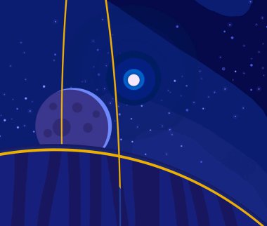 2D çizim. Çizgi film görüntüsü. Derin yıldızlar arası uzay. Yıldızlar, gezegenler ve uydular. Çeşitli bilim kurgu yaratıcı arka planlar. Uzay sanatı. Hayali kozmik fon. Gezegenler ve Aylar..