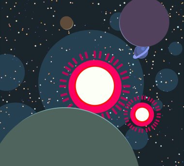 2D çizim. Çizgi film görüntüsü. Derin yıldızlar arası uzay. Yıldızlar, gezegenler ve uydular. Çeşitli bilim kurgu yaratıcı arka planlar. Uzay sanatı. Hayali kozmik fon. Gezegenler ve Aylar..