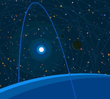 2D çizim. Çizgi film görüntüsü. Derin yıldızlar arası uzay. Yıldızlar, gezegenler ve uydular. Çeşitli bilim kurgu yaratıcı arka planlar. Uzay sanatı. Hayali kozmik fon. Gezegenler ve Aylar..