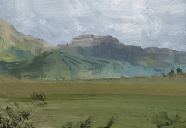 Renkli yeşil kırsal alan ve çim. Yaz zamanı. 2d illüstrasyon. Yağlıboya manzara sanatı. Kırsal dağlık bölge.