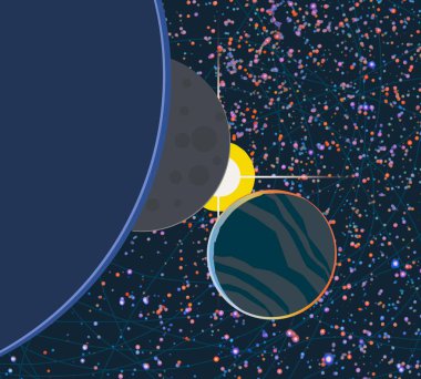 2d illüstrasyon. Karikatür çizmek tarzı. Derin yıldızlararası uzay. Yıldızlar, gezegenler ve uydular. Çeşitli bilim kurgu yaratıcı fon. Uzay sanatı. Hayali kozmik arka plan. Gezegenler ve Uydular.