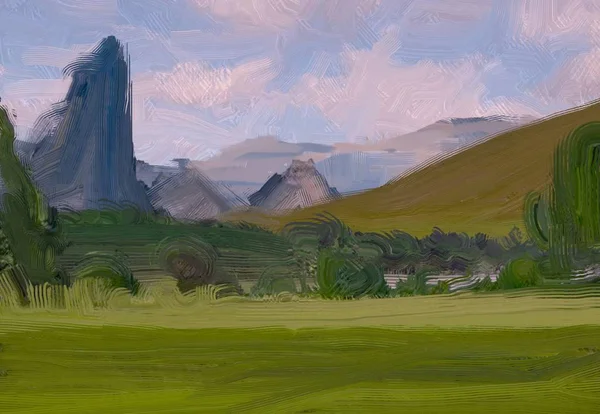 Ilustração Pintura Óleo Arte Paisagem Região Montanhosa Rural Campo Verde — Fotografia de Stock