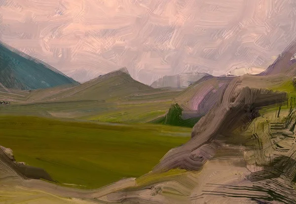 Illustrazione Pittura Olio Arte Paesaggistica Regione Rurale Montagna Campo Verde — Foto Stock