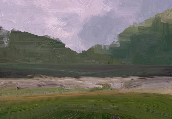 Abbildung Ölgemälde Landschaftskunst Ländliche Bergregion Bunte Grüne Wiese Und Gras — Stockfoto