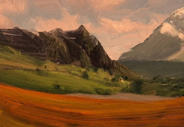 Ilustração Pintura Óleo Arte Paisagem Região Montanhosa Rural Campo Verde — Fotografia de Stock