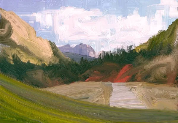 Ilustración Pintura Óleo Arte Paisajístico Región Montañosa Rural Campo Verde — Foto de Stock