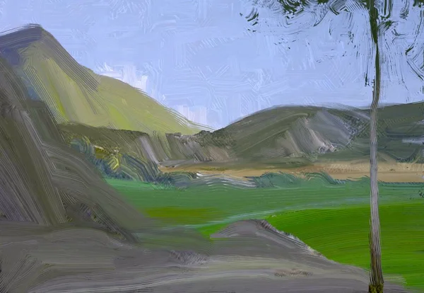 2d illustration. Oil painting landscape art. Rural mountain region. Colorful green field and grass. Summer time. Countryside.