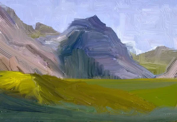 Illustrazione Pittura Olio Arte Paesaggistica Regione Rurale Montagna Campo Verde — Foto Stock