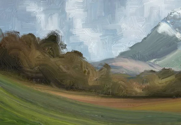 Colorato Campo Campagna Verde Erba Ora Legale Illustrazione Pittura Olio — Foto Stock