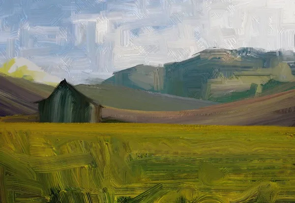 カラフルな緑の田園地帯と草 夏だ2Dイラスト 油絵風景画 農村山岳地帯 — ストック写真