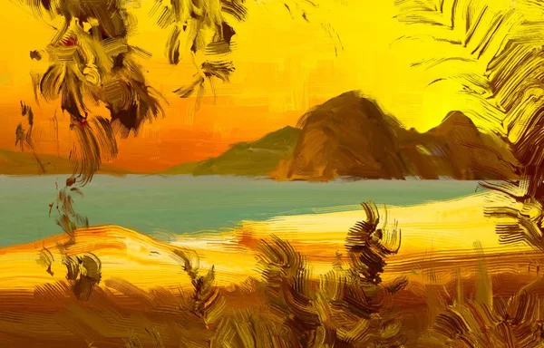 Solnedgång Stranden Med Tropisk Bakgrund — Stockfoto