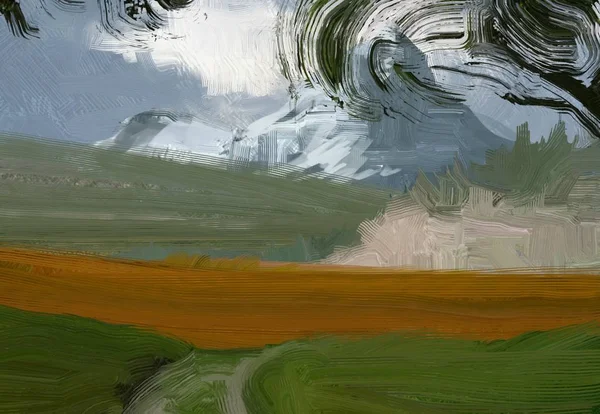 Colorato Campo Campagna Verde Erba Ora Legale Illustrazione Pittura Olio — Foto Stock