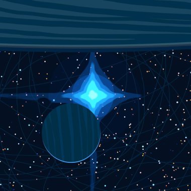 2D çizim. Çizgi film görüntüsü. Derin yıldızlar arası uzay. Yıldızlar, gezegenler ve uydular. Çeşitli bilim kurgu yaratıcı arka planlar. Uzay sanatı. Hayali kozmik fon. Gezegenler ve Aylar..