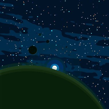 2D çizim. Çizgi film görüntüsü. Derin yıldızlar arası uzay. Yıldızlar, gezegenler ve uydular. Çeşitli bilim kurgu yaratıcı arka planlar. Uzay sanatı. Hayali kozmik fon. Gezegenler ve Aylar..