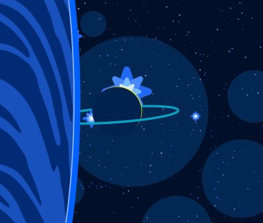 2D çizim. Çizgi film görüntüsü. Derin yıldızlar arası uzay. Yıldızlar, gezegenler ve uydular. Çeşitli bilim kurgu yaratıcı arka planlar. Uzay sanatı. Hayali kozmik fon. Gezegenler ve Aylar..