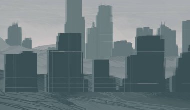 2d illüstrasyon. Gökdelen şehir metropol. Dijital sanat. El yapımı dijital boyama. 