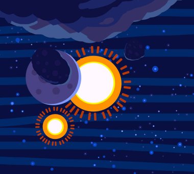 2D çizim. Çizgi film görüntüsü. Derin yıldızlar arası uzay. Yıldızlar, gezegenler ve uydular. Çeşitli bilim kurgu yaratıcı arka planlar. Uzay sanatı. Hayali kozmik fon. Gezegenler ve Aylar..